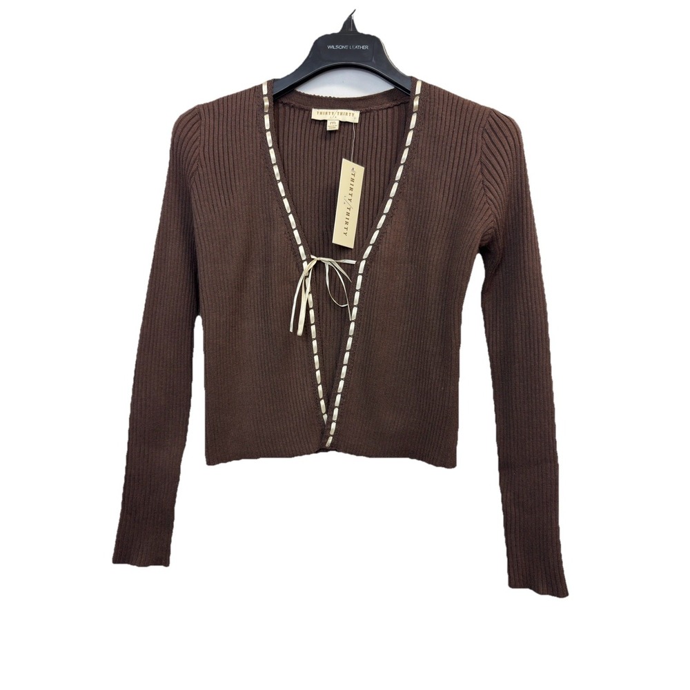 Thirty/Thirty Ribbed‎ Knit Tie Front Cardigan Sweater Top Sz M Brown Ribbon Trim
